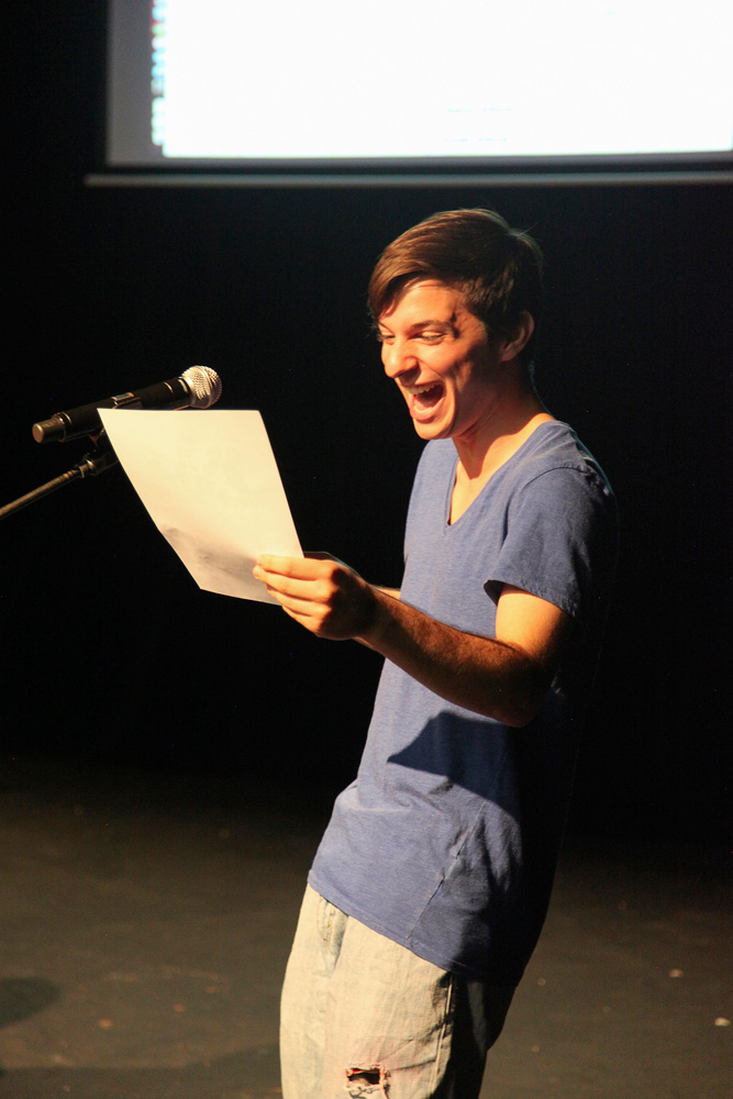 Current student participating in a voice-over demonstration.