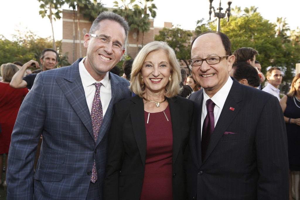 From left, Steve Braverman, Niki Nikias and USC President C. L. Max Nikias on campus. Photo by Steve Cohn.