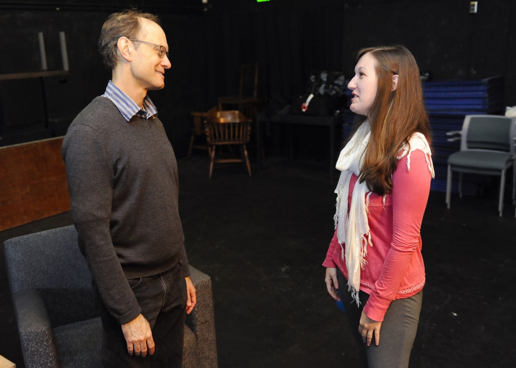Actor David Hyde Pierce, left, speaks with USC senior Michelle Reese as he visits the USC School of Dramatic Arts, Monday, Feb. 10, 2014. (Photograph / Gus Ruelas)