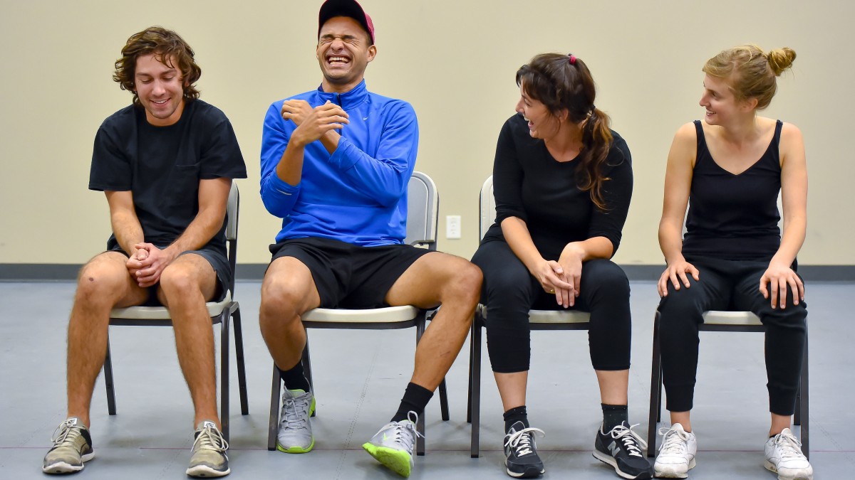 Image of MFA acting students share a laugh during a medical clowning workshop.