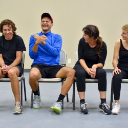 Image of MFA acting students share a laugh during a medical clowning workshop.
