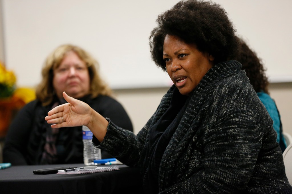 Playwrights (l to r) Paula Cizmar and Jacqueline E. Lawton speak at the Gender Equity Panel that was part of the USC School of Dramatic Arts' Diversity and Inclusion Summit. (Photo by Ryan Miller/Capture Imaging)