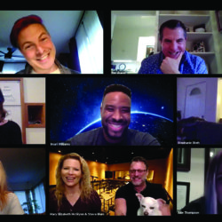 Screenshot of Zoom call with voice actors and directors