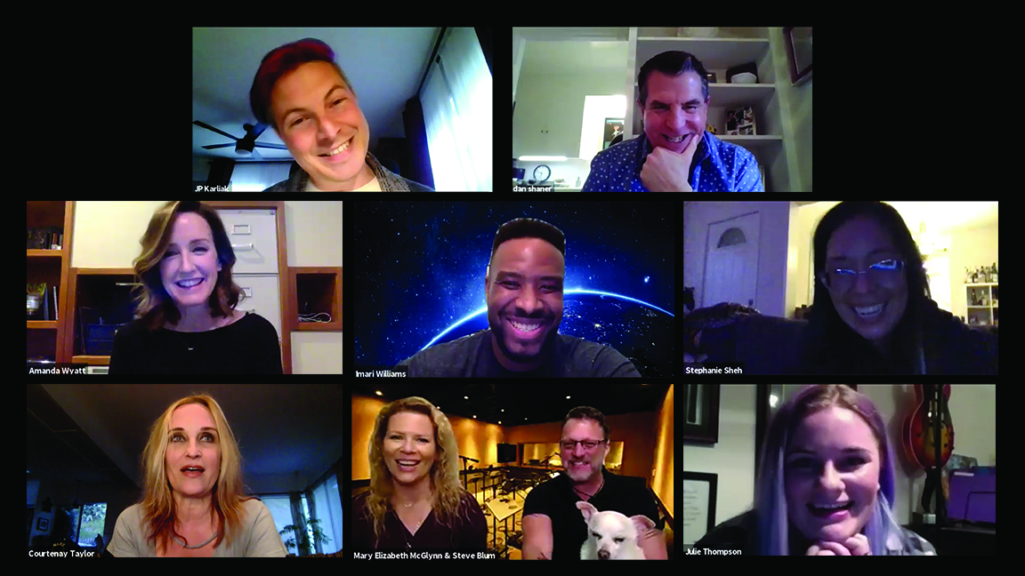 Screenshot of Zoom call with voice actors and directors