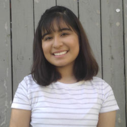 Girl withe shoulder length brown hair and bangs stands in front of a wood fence while wearing a black and white stripped shirt.