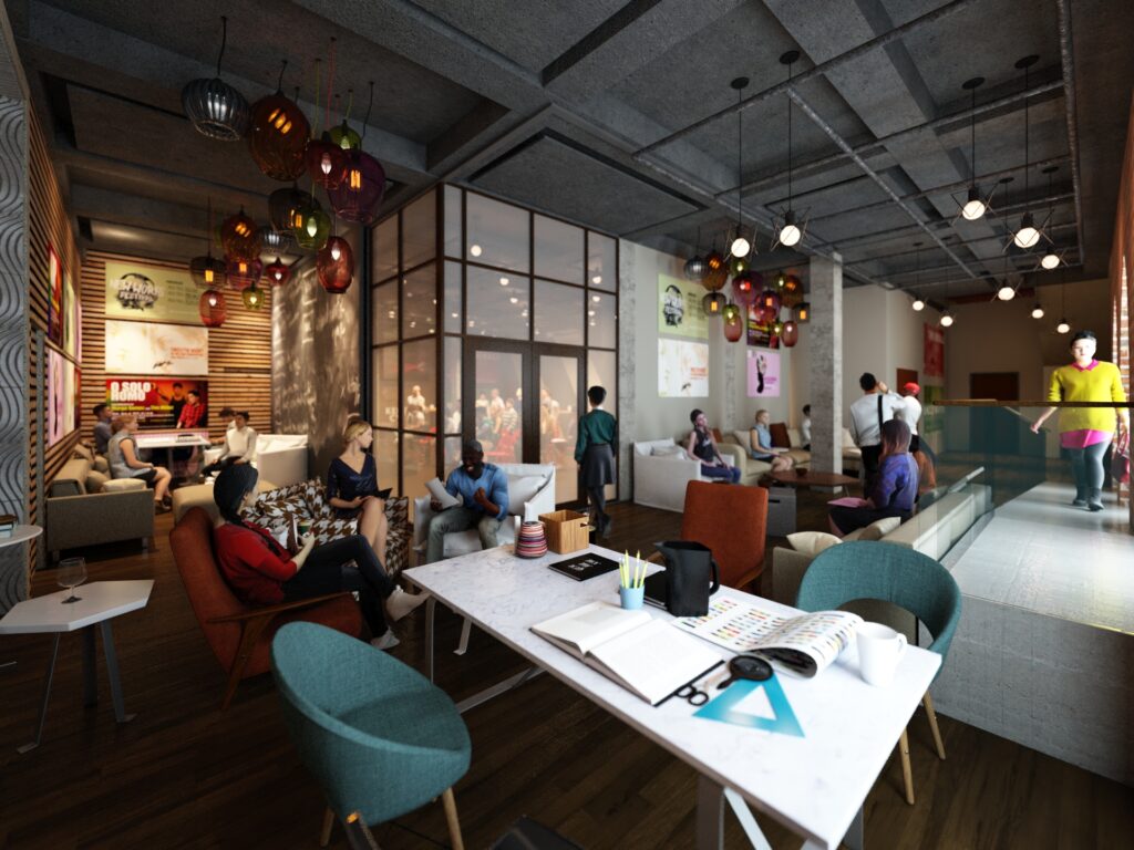 Architectual rendering of student lounge and cabaret space.