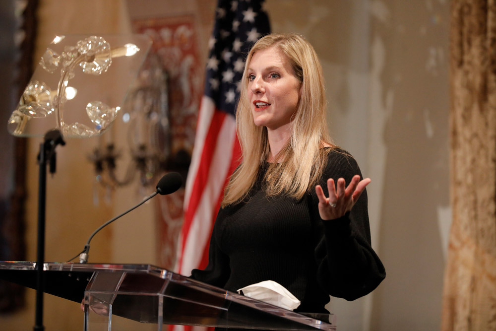 Emily Roxworthy addresses the audience at her installation as the dean of the USC School of Dramatic Arts