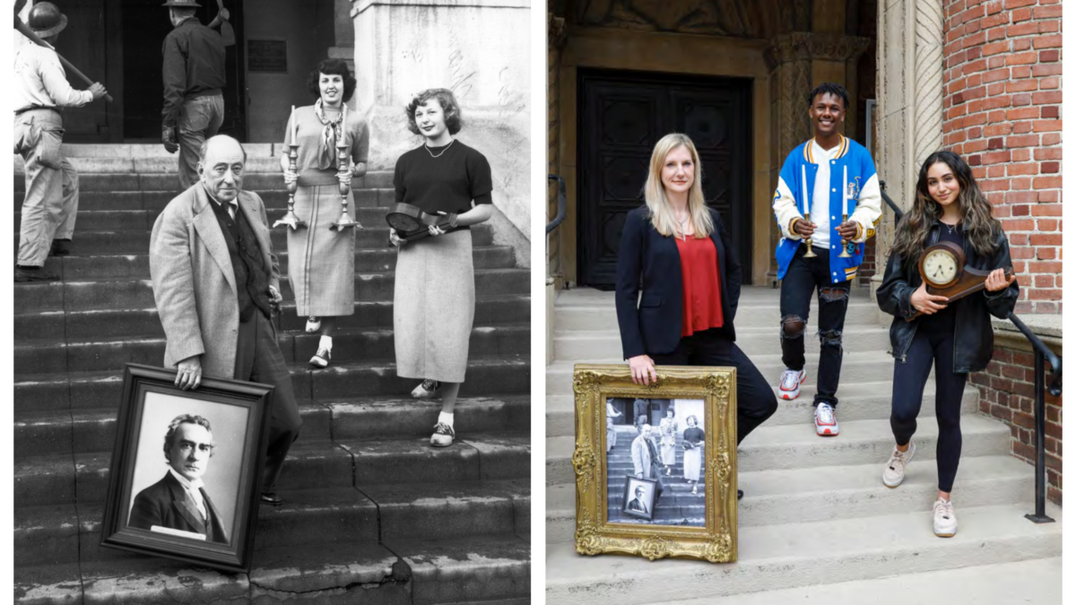 Two images, one in color of a man standing on steps with two students. He holds a large picture frame, and they hold candlesticks and a clock. On the right, a blond woman holds a large picture frame, and two students hold similar candlesticks and a clock.