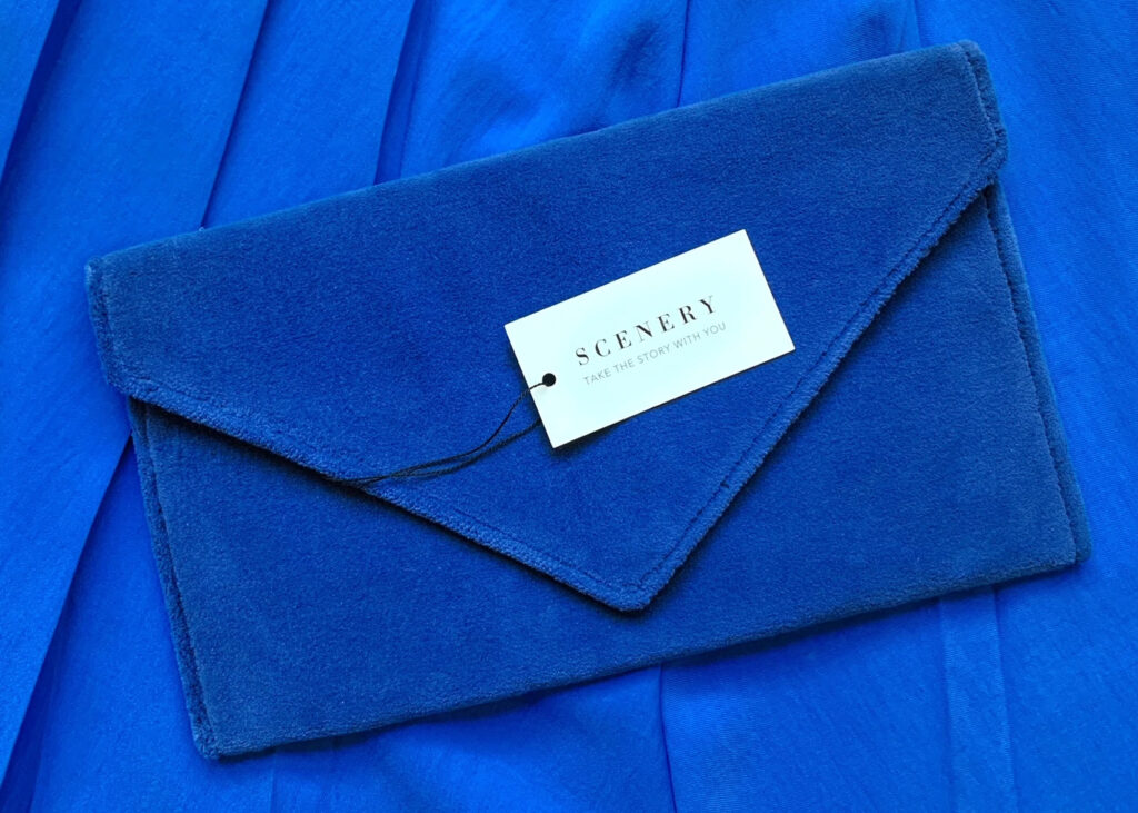Sapphire velour clutch made by Scenery Bags