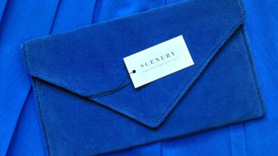 Sapphire velour clutch made by Scenery Bags
