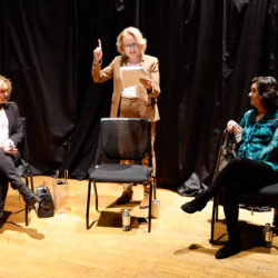L to R: Lori Furie, Kate Burton, and Gigi Pritzker talk artistic entrepreneurship in Cammilleri Hall. (Photo by Ryan Miller/Capture Imaging)