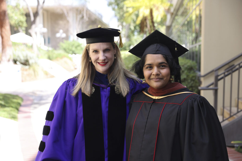 Dean Emily Roxworthy and graduate commencement speaker Madhuri Shekar (Photos by Luis Luque/Capture Imaging)