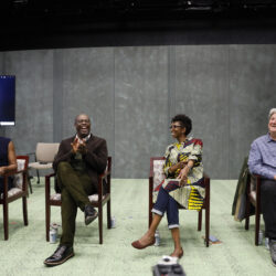 Anita Dashiell-Sparks, Anthony Sparks, Sharon Washington and Chuck Schulz sit side by side on the stage, discussing writing.