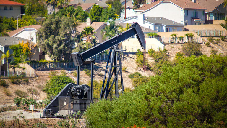 An oil pumpjack near homes in the Inglewood Oil Field.