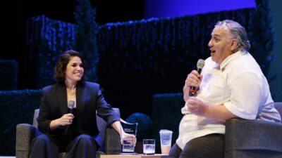 America Ferrera sits next to Professor Luis Alfaro on the Bing Stage, having a lively discussion.