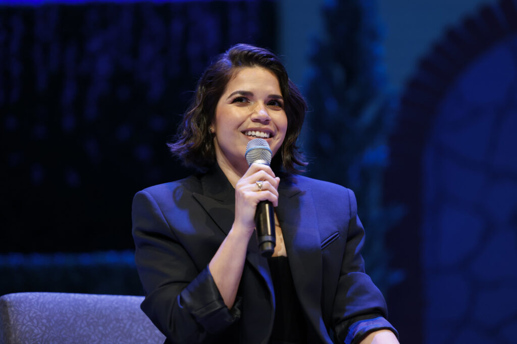 America Ferrera speaks to students from the Bing Theatre stage.