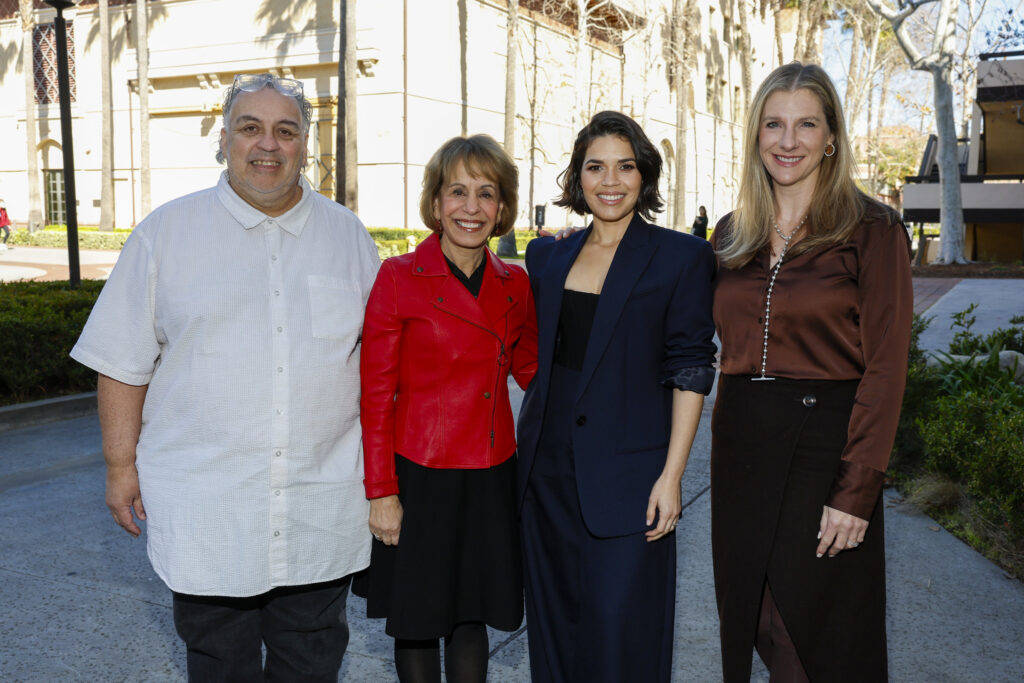 (l to r): Luis Alfaro, USC President Dr. Carol Folt, America Ferrera and Dean Emily Roxworthy.