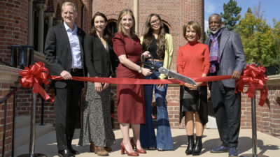 (left to right) USC Provost Andrew T. Guzman, actress and USC alumni Troian Bellisario, Emily Roxworthy dean of the school of dramatic arts, actress and USC SDA student Storm Reid, USC President Carol Folt and actor and USC alumni LeVar Burton during the ribbon-cutting ceremony and unveiling of USC’s new dramatic arts building, March 28, 2024. (Photo/Gus Ruelas)