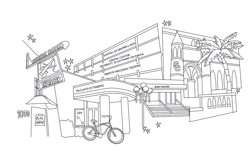 An illustration by Adrienne Visnic of the USC Drama Center, the previous home of the USC School of Dramatic Arts.