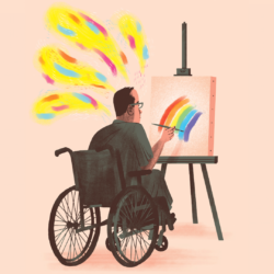 An illustration of a patient in a wheelchair painting at an easel.