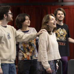 Four members of independent student group Spoiler Alert perform in the Pollitt Family Rehearsal Hall in the new Dramatic Arts Building.