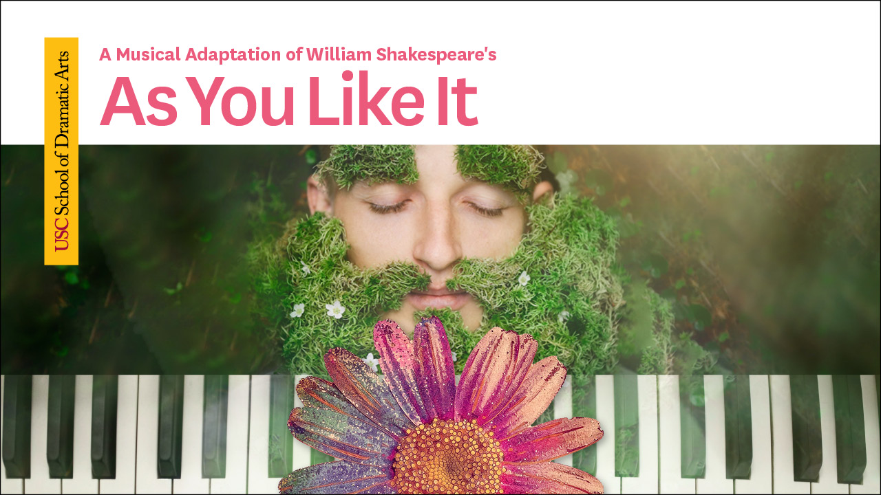 "As You Like It" above art of a person with a verdant green beard over a pink flower and piano keys.