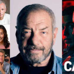 Montage of Dick Wolf, SDA faculty, and a poster for Dick Wolf's series On Call.