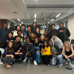 Sterling K. Brown, Professor Mia Barron and MFA in Acting students pose following the Q&A session.