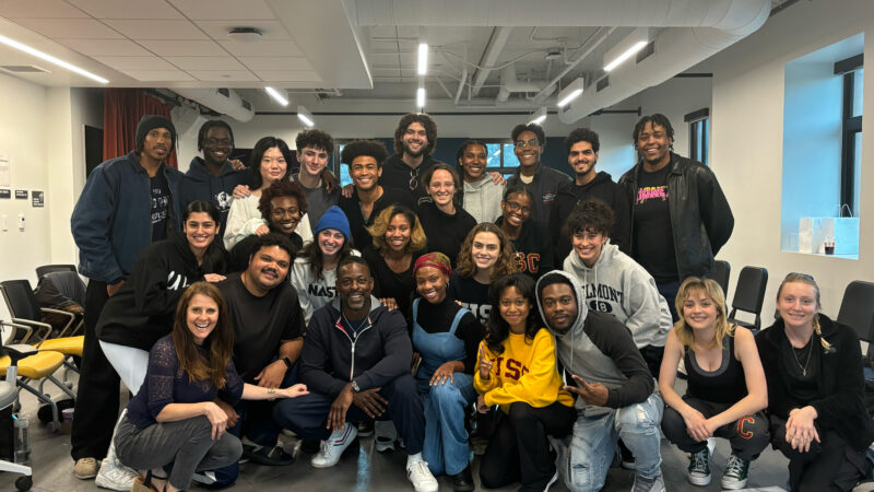 Sterling K. Brown, Professor Mia Barron and MFA in Acting students pose following the Q&A session.