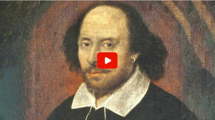 Portrait of William Shakespeare with a Play button on his face.