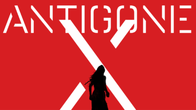 Image of a woman with long hair with the words Antigone X above her