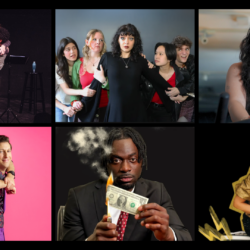 Six-photo collage showcasing productions by USC School of Dramatic Arts students and alumni participating in the 2026 Edinburgh Festival Fringe. Clockwise from top left: The Second Best School Shooting; It's a Struggle Coming Out; Spin Queen; Bean vs. The Robots; In the Black; and Making Love.