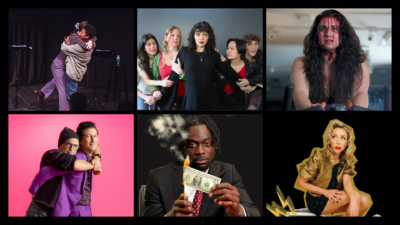 Six-photo collage showcasing productions by USC School of Dramatic Arts students and alumni participating in the 2026 Edinburgh Festival Fringe. Clockwise from top left: The Second Best School Shooting; It's a Struggle Coming Out; Spin Queen; Bean vs. The Robots; In the Black; and Making Love.