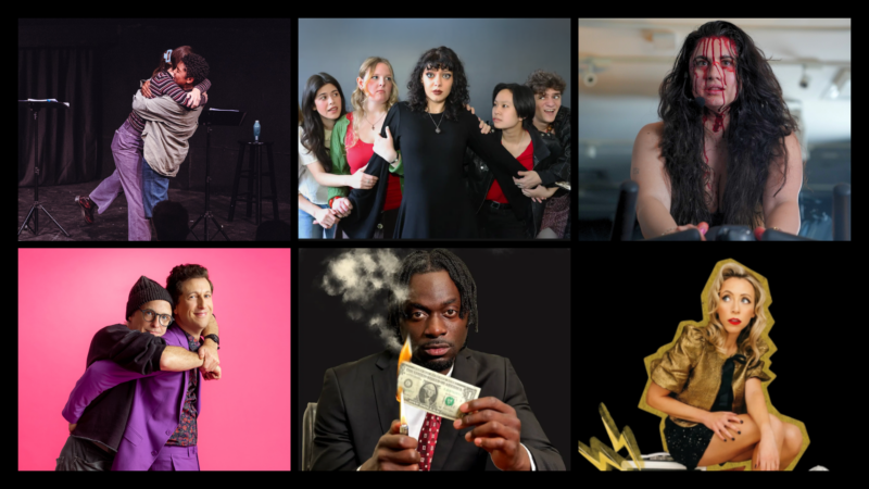 Six-photo collage showcasing productions by USC School of Dramatic Arts students and alumni participating in the 2026 Edinburgh Festival Fringe. Clockwise from top left: The Second Best School Shooting; It's a Struggle Coming Out; Spin Queen; Bean vs. The Robots; In the Black; and Making Love.
