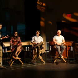 Tomm Polos speaks alongside panelists Liz Randall, Dor Gvirtsman, Michael Chiklis and Scott Likens at the Creativity in Control event.